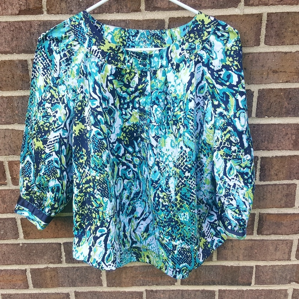 3/10! Christopher Banks Petite Blouse Green & Blue